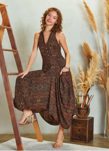 Brown Pattern Shirt Collar Bohemian Dress