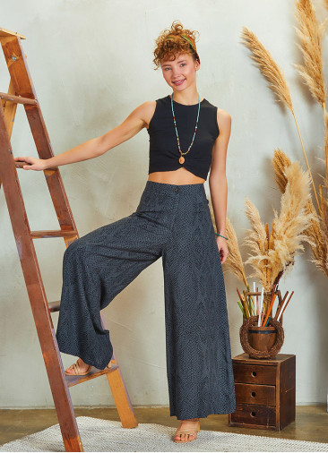 Palazzo High Waist Wide Cut Gray Patterned Trousers