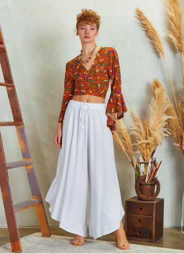 Boho Style Draw String White Wide Leg Loose Pants