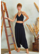 Draped Front Detail Elastic Waist Black Salwar Pants