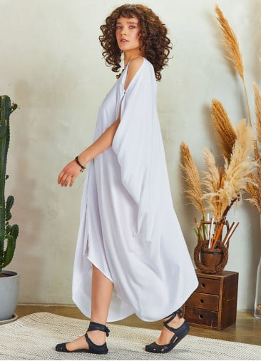 Boho Style Loose Fit Deep V Neck Line Cold Shoulder White Dress