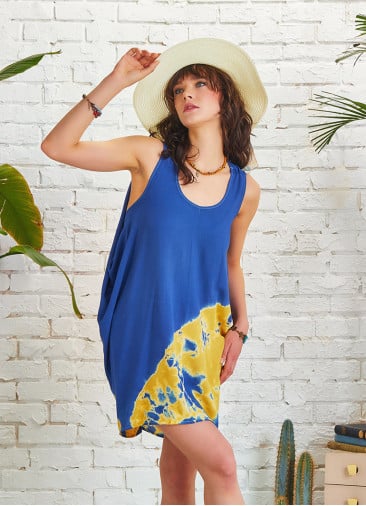 Sleeveless Loose Blue Batic Tie Dye Tunic Dress