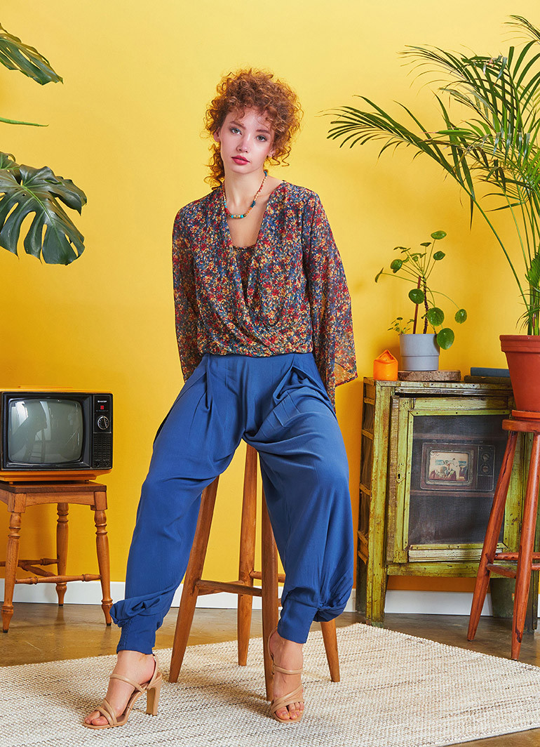 Pleat Detail Boho-Chic Blue Harem Pants | Wholesale Boho Clothing