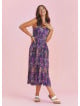 Bohemian Style Buttoned Wide Strap Long Purple Patterned Dress