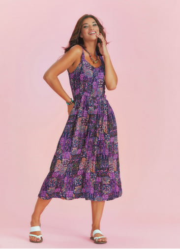 Bohemian Style Buttoned Wide Strap Long Purple Patterned Dress