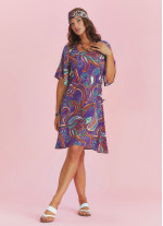 Purple Printed Square Neck Boho Short Dress