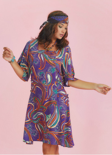 Purple Printed Square Neck Boho Short Dress