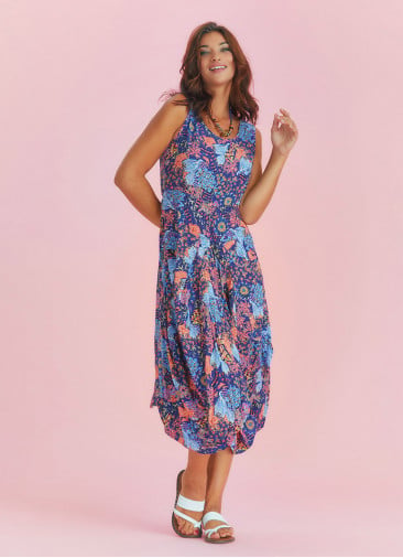 Sleeveless Paisley Tie Waist Blue Patterned Dress