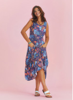 Sleeveless Paisley Tie Waist Blue Patterned Dress