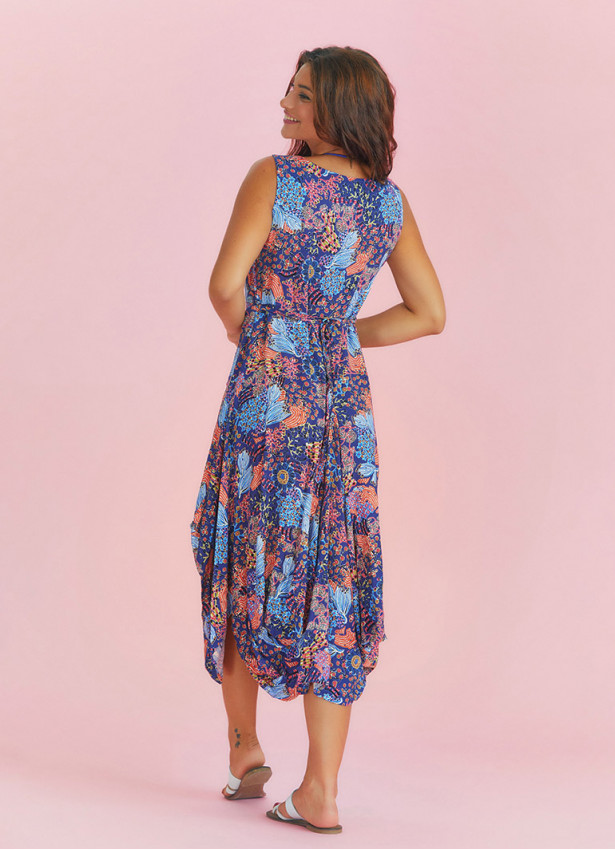 Sleeveless Paisley Tie Waist Blue Patterned Dress