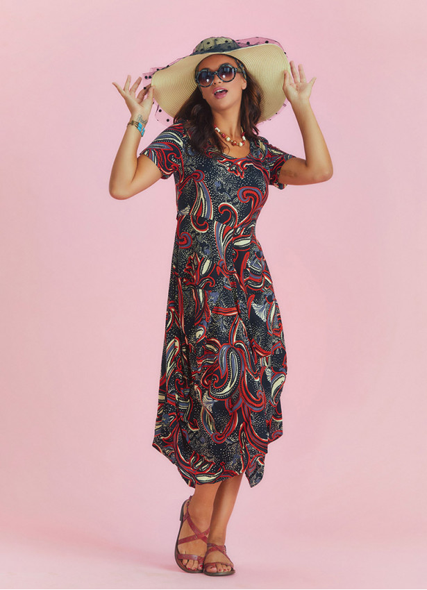 Black Print Asymmetrical Hem Half Sleeve Bohemian Long Dress