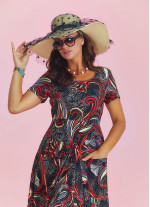 Black Print Asymmetrical Hem Half Sleeve Bohemian Long Dress