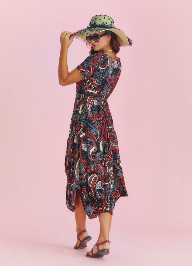 Black Print Asymmetrical Hem Half Sleeve Bohemian Long Dress