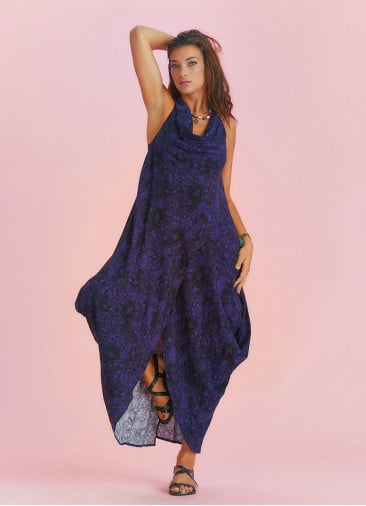 Bohemian Stylish Authentic Degaje Neck Purple Patterned Dress