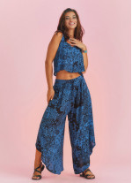 Boho Style Draw String Blue Wide Leg Loose Pants