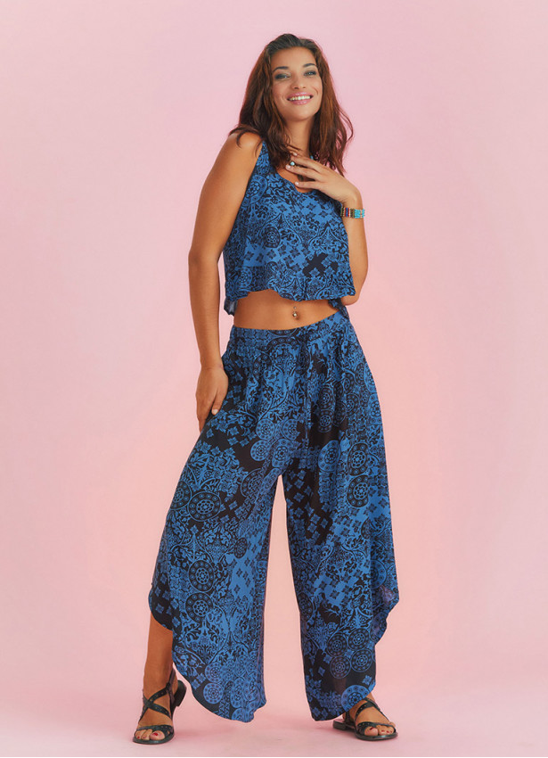 Boho Style Draw String Blue Wide Leg Loose Pants