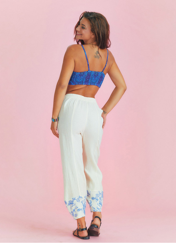 Rose Print Garnished Hem Detail White Muslin Pants