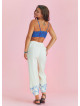 Rose Print Garnished Hem Detail White Muslin Pants