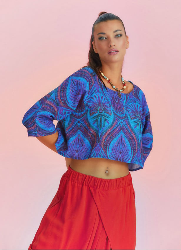 Print Boho Style Boat Neck Loose Crop Top