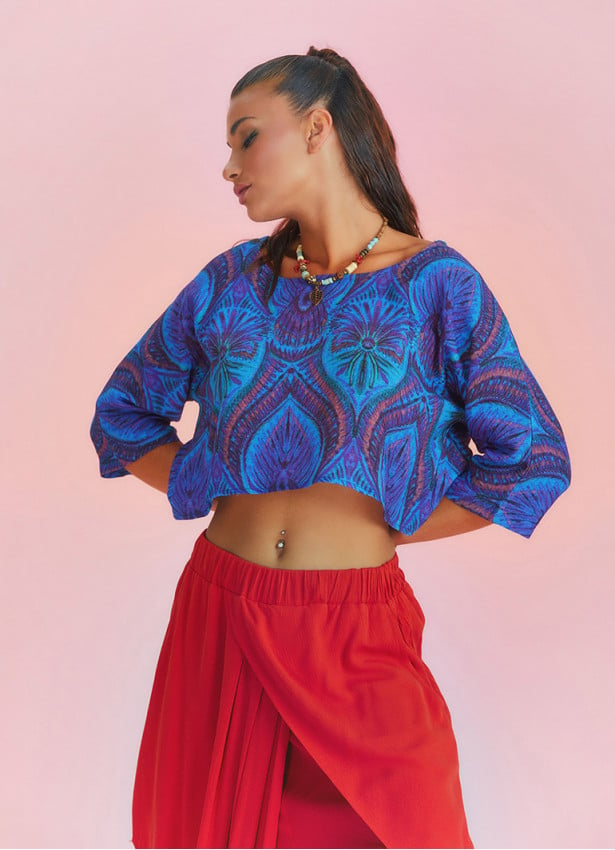 Print Boho Style Boat Neck Loose Crop Top