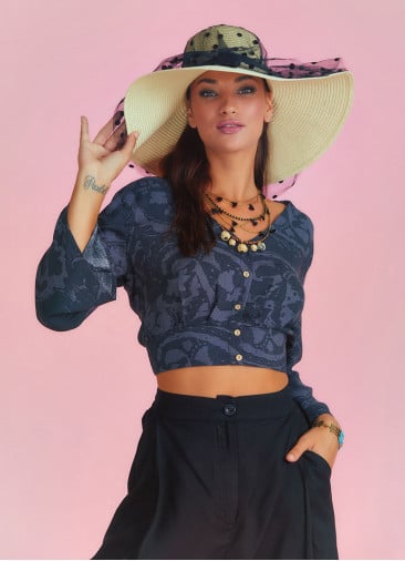 Shirred Back  Long Sleeve Gray Patterned Bohemian Crop Top