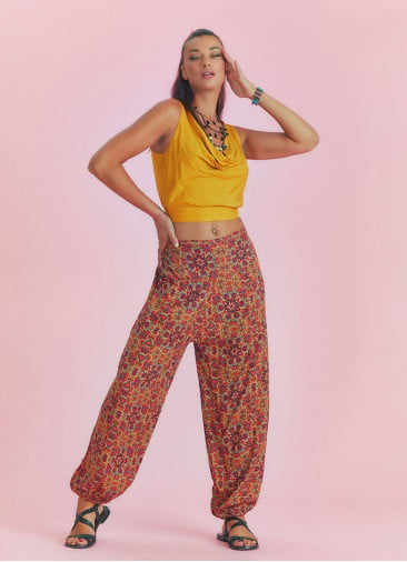 Red Patterned Elastic Waist and Hem Mid Rise Harem Pants