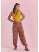 Red Patterned Elastic Waist and Hem Mid Rise Harem Pants