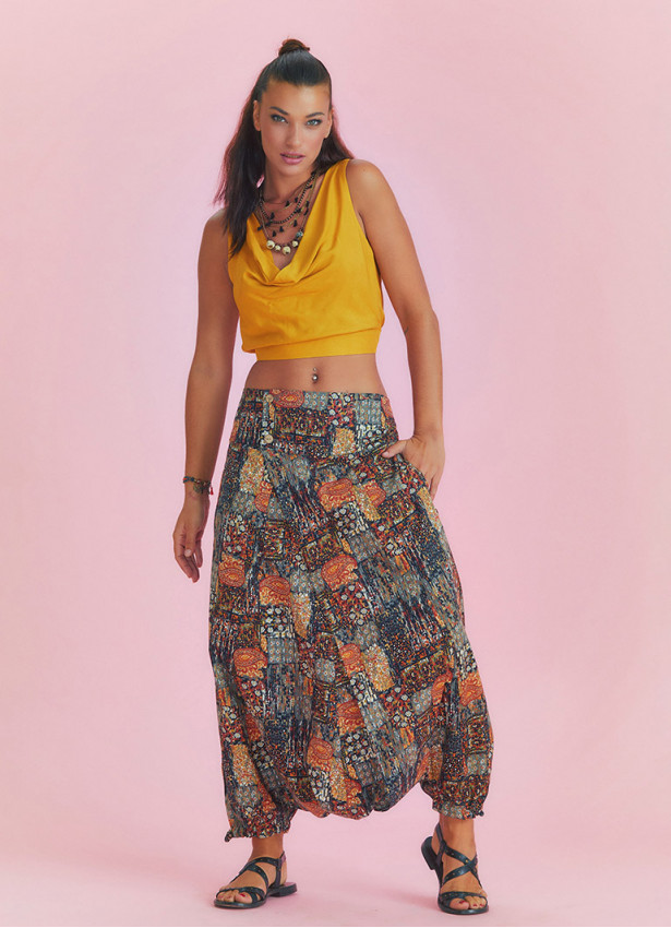 Khaki Print Adjustable Hem Wraped Harem Pants