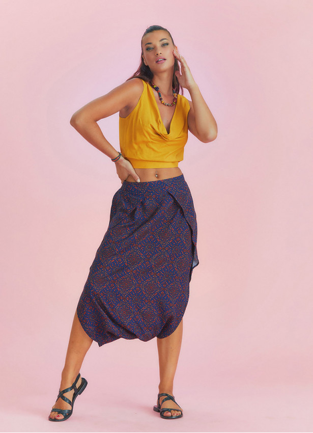 Ethnic Print Elastic Waist Navy Blue Antik  Capri Skirt Pants