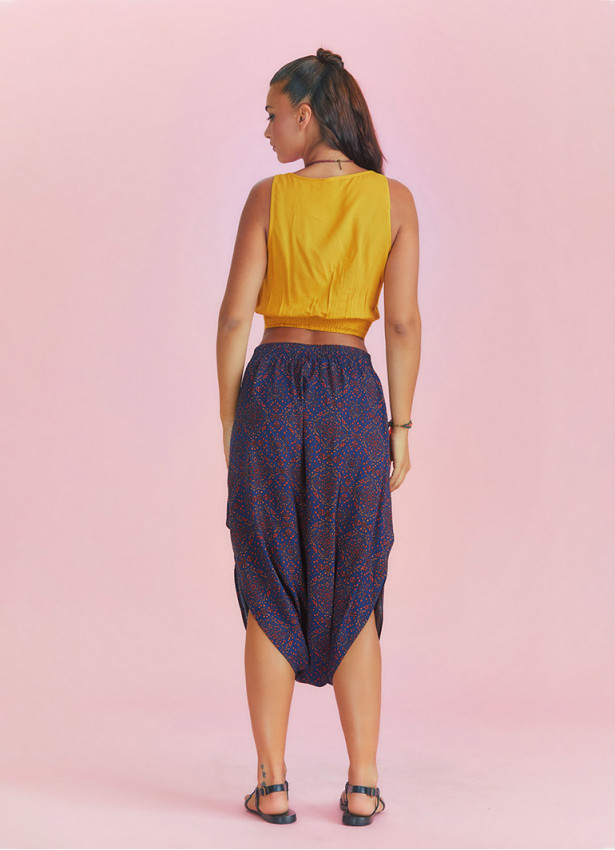 Ethnic Print Elastic Waist Navy Blue Antik  Capri Skirt Pants