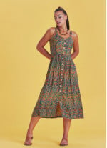 Bohemian Style Buttoned Wide Strap Long Petrol Patterned Dress