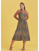 Bohemian Style Buttoned Wide Strap Long Petrol Patterned Dress