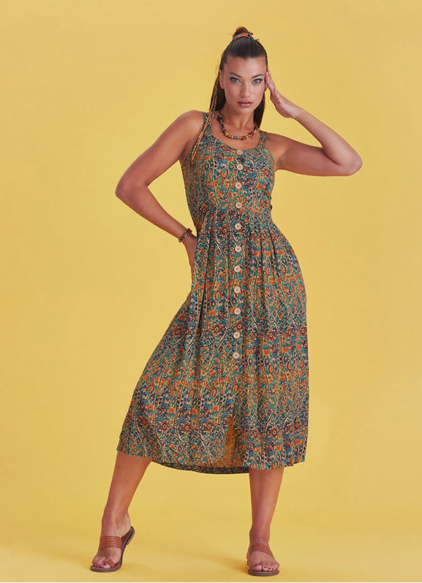 Bohemian Style Buttoned Wide Strap Long Petrol Patterned Dress