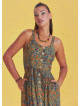 Bohemian Style Buttoned Wide Strap Long Petrol Patterned Dress