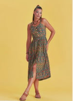 Bohemian Style Buttoned Wide Strap Long Petrol Patterned Dress