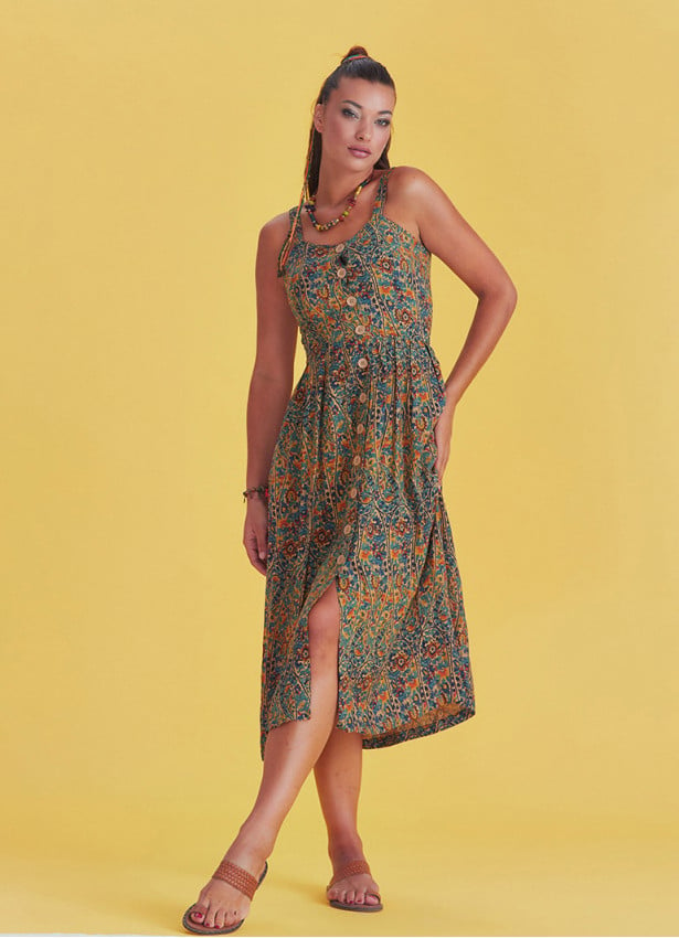 Bohemian Style Buttoned Wide Strap Long Petrol Patterned Dress