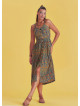 Bohemian Style Buttoned Wide Strap Long Petrol Patterned Dress