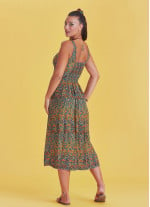 Bohemian Style Buttoned Wide Strap Long Petrol Patterned Dress