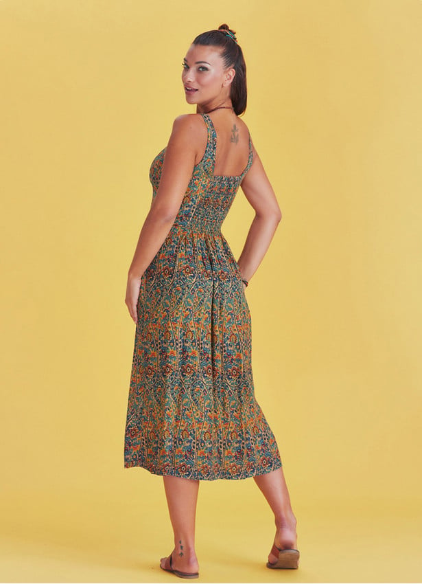 Bohemian Style Buttoned Wide Strap Long Petrol Patterned Dress