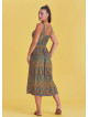 Bohemian Style Buttoned Wide Strap Long Petrol Patterned Dress