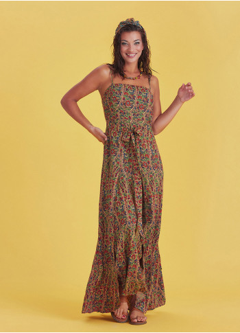 Green Patterned Strappy Wrap Maxi Dress