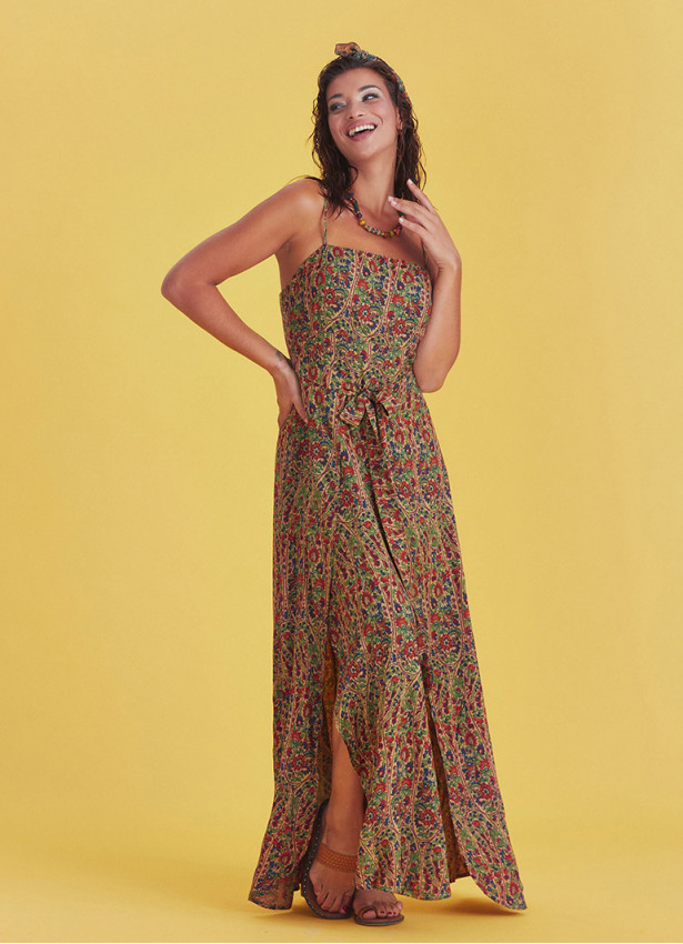 Green Patterned Strappy Wrap Maxi Dress