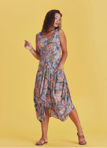 Etnic Print Sleeveless Paisley Tie Waist Dress