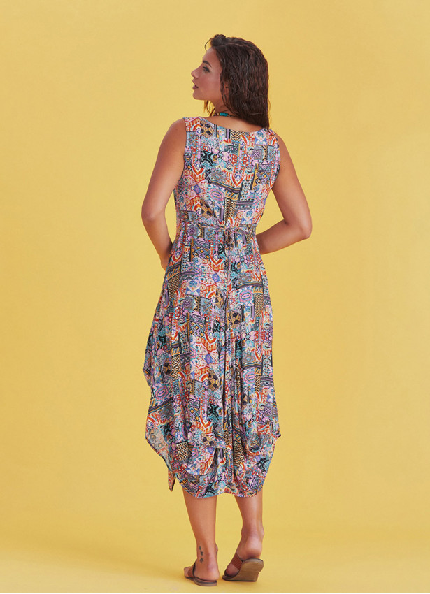 Etnic Print Sleeveless Paisley Tie Waist Dress