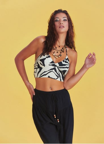 Gathered Tie Back Bust Cup Halter Black White Crop Top