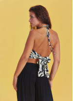 Gathered Tie Back Bust Cup Halter Black White Crop Top