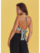 Gathered Tie Back Bust Cup Halter Black White Crop Top