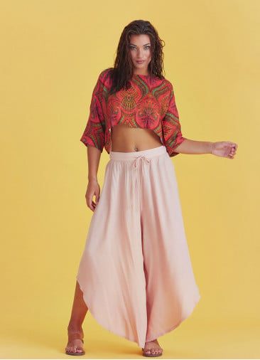 Boho Style Draw String Pink Wide Leg Loose Pants