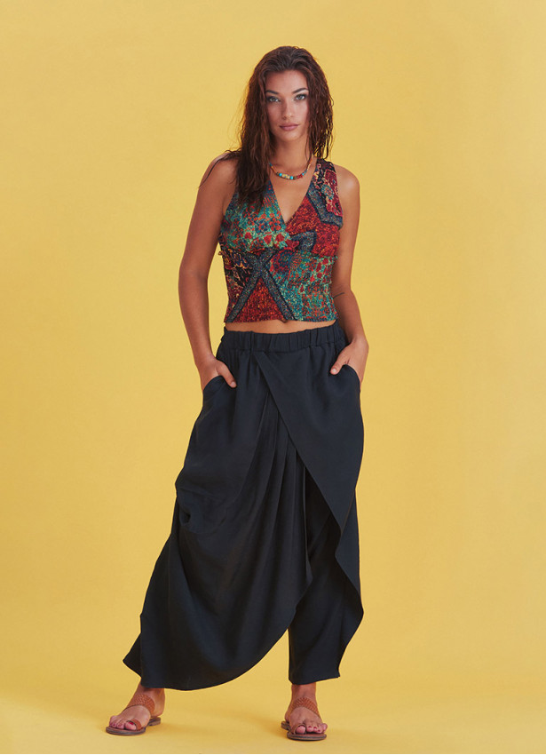 Black Wrap Front Loose Fit Boho Summer Pants