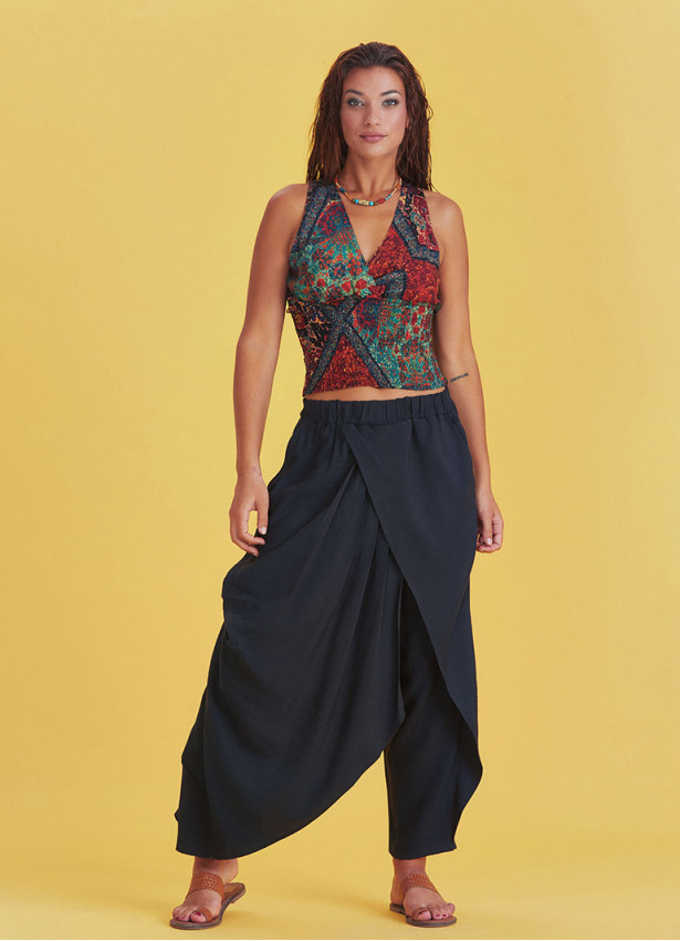 Black Wrap Front Loose Fit Boho Summer Pants